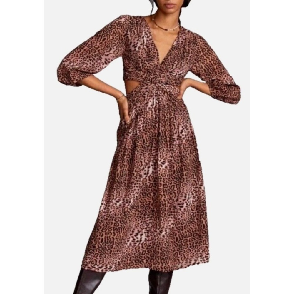 Ranna Gill Anthropologie NWT Cheetah Midi Dress S Romantic Twist Cut-Out Plunge